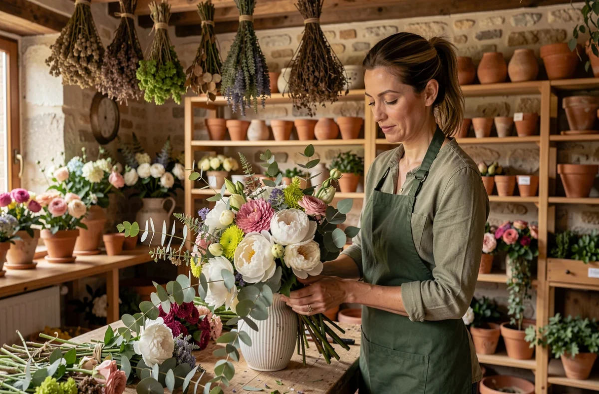 Fleuriste artisane en tablier vert arrangeant un bouquet de pivoines et d'eucalyptus dans la boutique Esprit Nature Artisan Fleuriste en Vaucluse