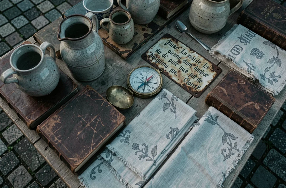 Vue plongeante sur un étal de brocante nocturne en Meurthe-et-Moselle avec objets anciens et curiosités