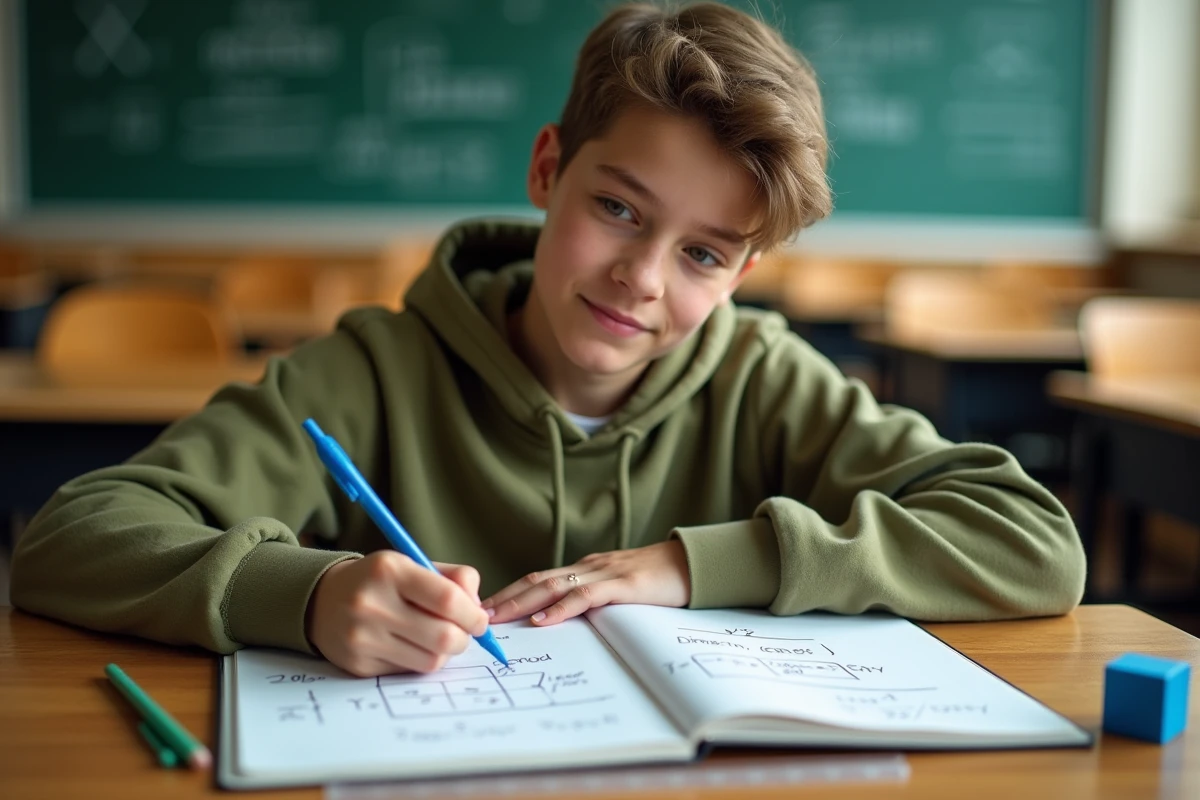 Étudiant travaillant sur la conversion cm cube en litre avec un modèle cubique et des formules dans un cahier scolaire