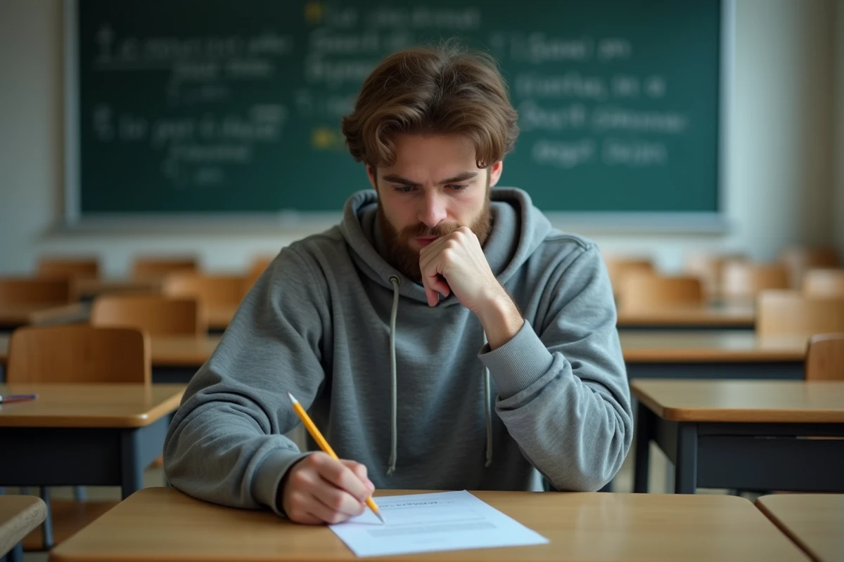 Étudiant hésitant devant une copie de rédaction en classe avec une expression de doute