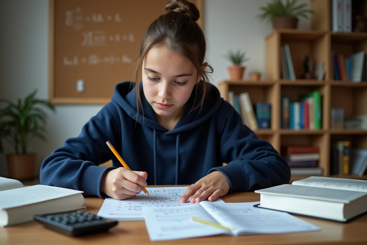 Étudiante révisant des exercices corrigés sur la formule de force pour le Bac de physique à son bureau
