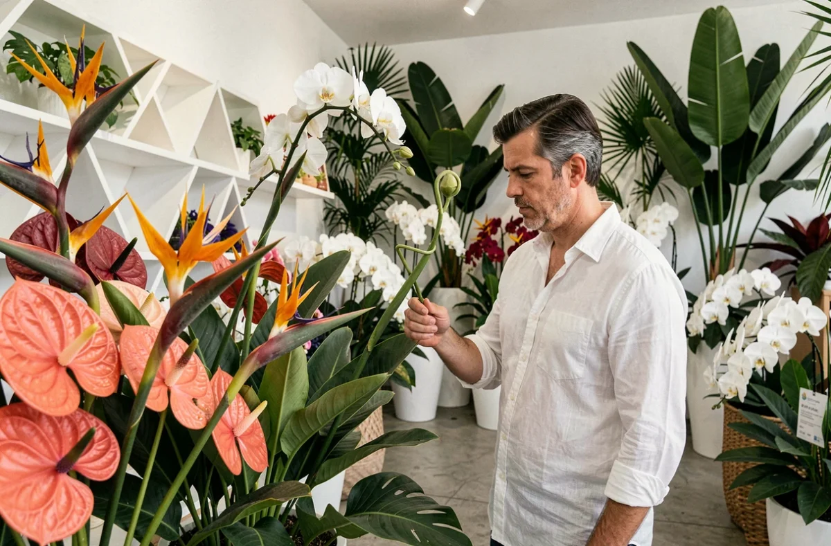 Intérieur exotique de la boutique Exotica Fleurs avec des oiseaux du paradis, orchidées et feuillages tropicaux en Vaucluse