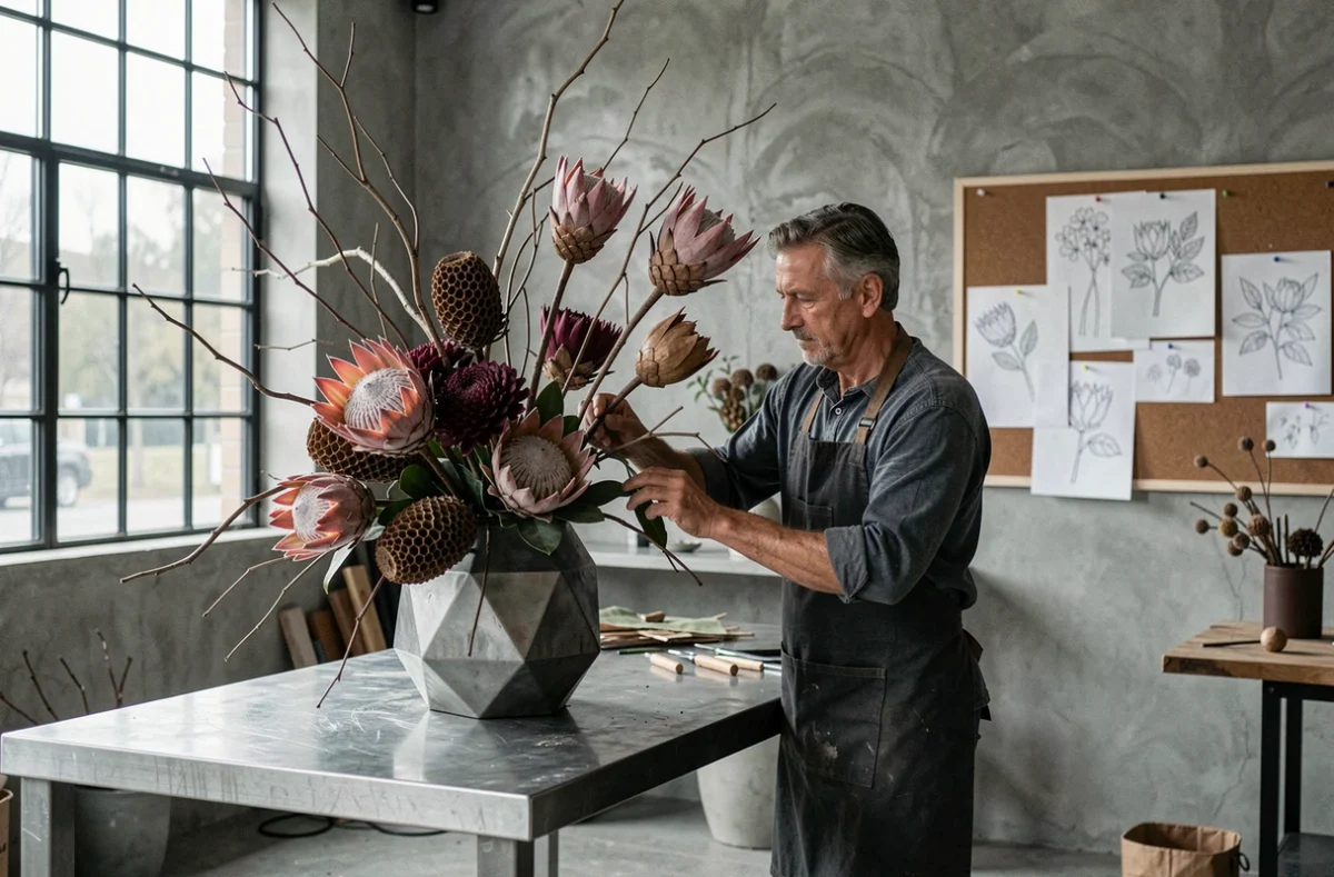Fleuriste d'Expression Florale en tablier anthracite créant une installation florale contemporaine avec des branches et proteas dans un studio design en Vaucluse