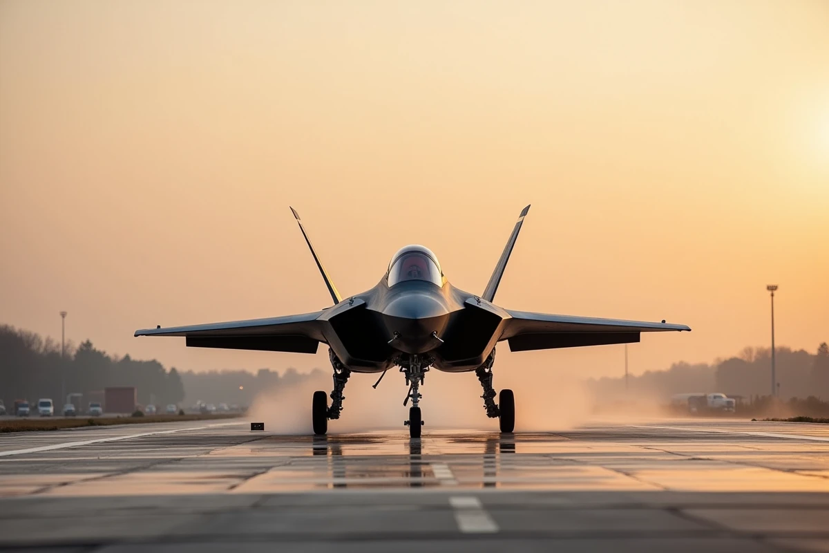 F-35 au roulage sur piste humide au lever du soleil