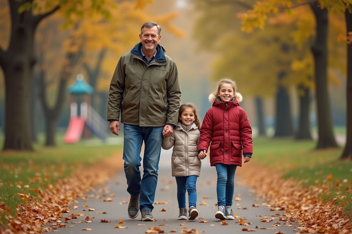 Famille marche dans un parc en automne avec sourires sincères