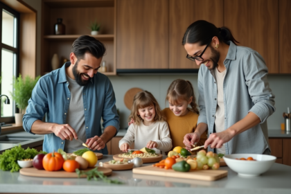 Famille moderne préparant un repas dans une cuisine chaleureuse