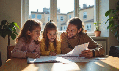 Famille heureuse examinant des documents financiers à la maison