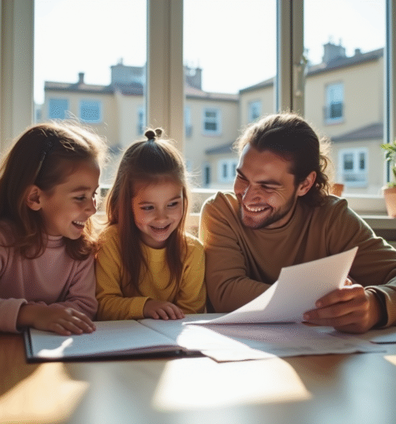 Famille heureuse examinant des documents financiers à la maison
