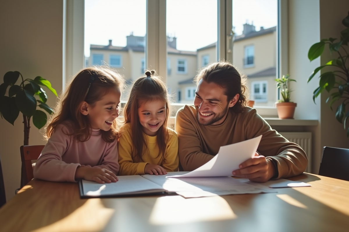 Famille heureuse examinant des documents financiers à la maison