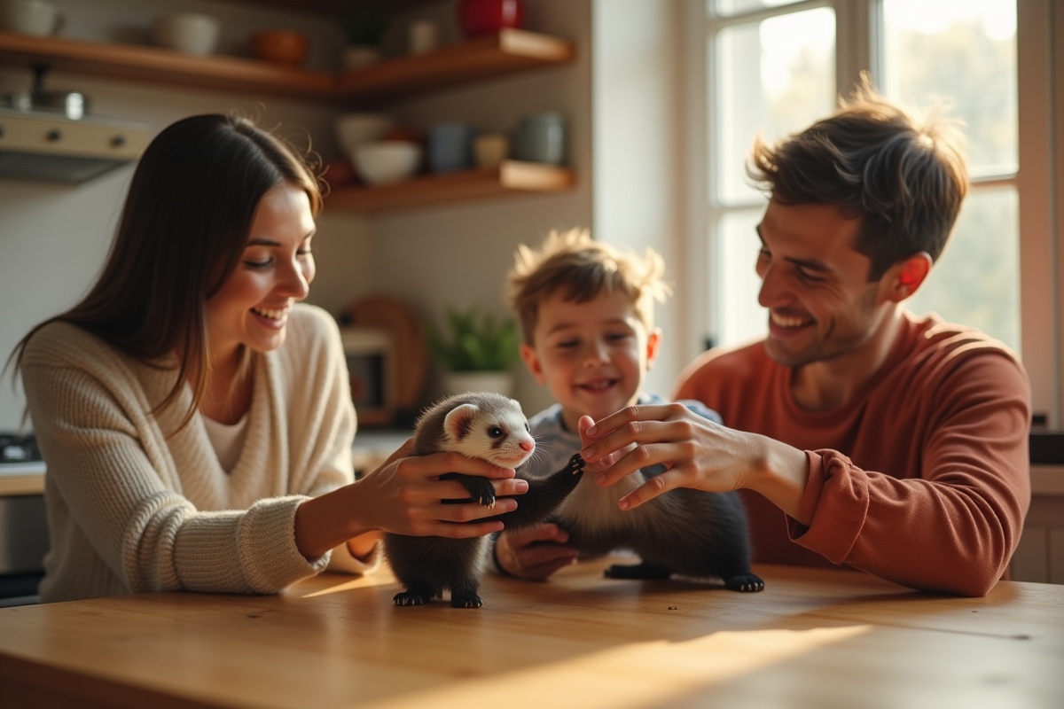 Une famille avec un furet curieux sur la table de cuisine