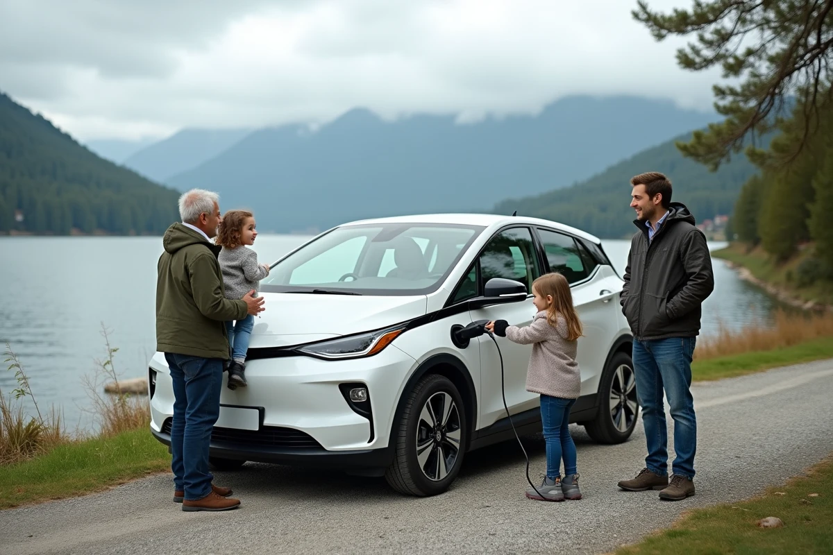 Famille près de leur voiture hybride au bord du lac