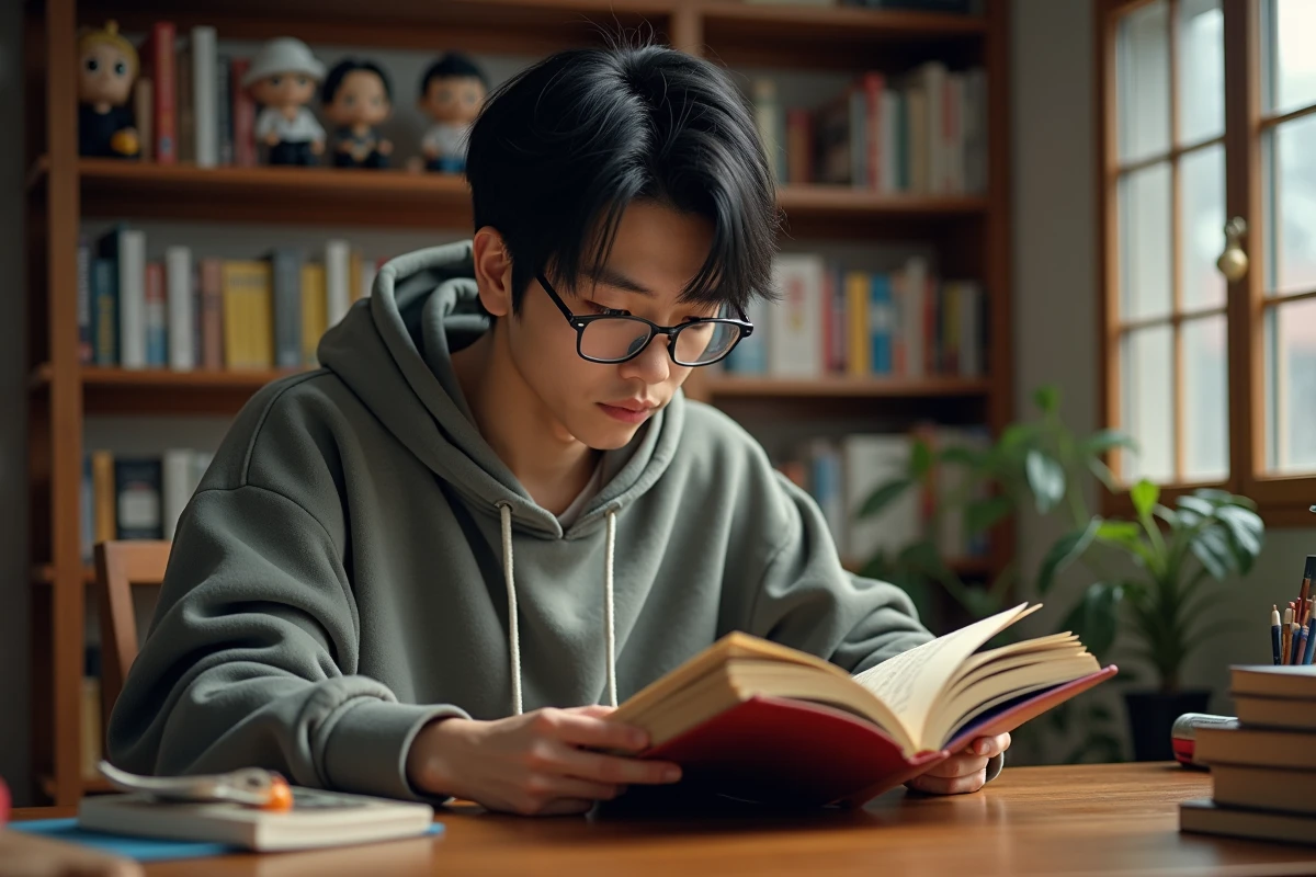 Fan de manga lisant un volume de One Piece dans un appartement japonais entouré de figurines et de collections