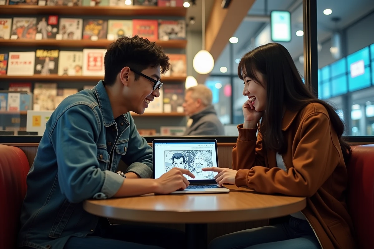Deux fans de One Piece discutant du dernier scan du manga sur un ordinateur portable dans un café manga de Tokyo