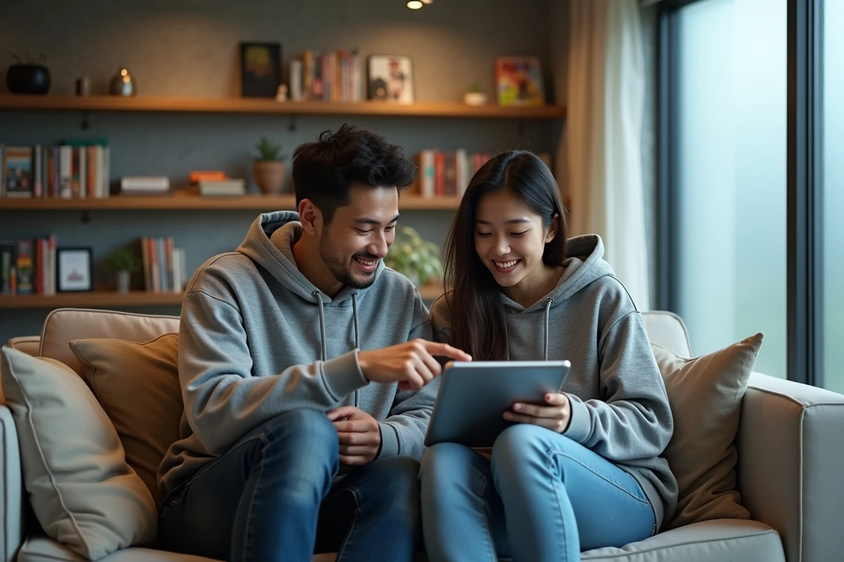 Deux fans adultes réagissant ensemble à la lecture du scan de One Piece 1155 sur une tablette dans un salon moderne