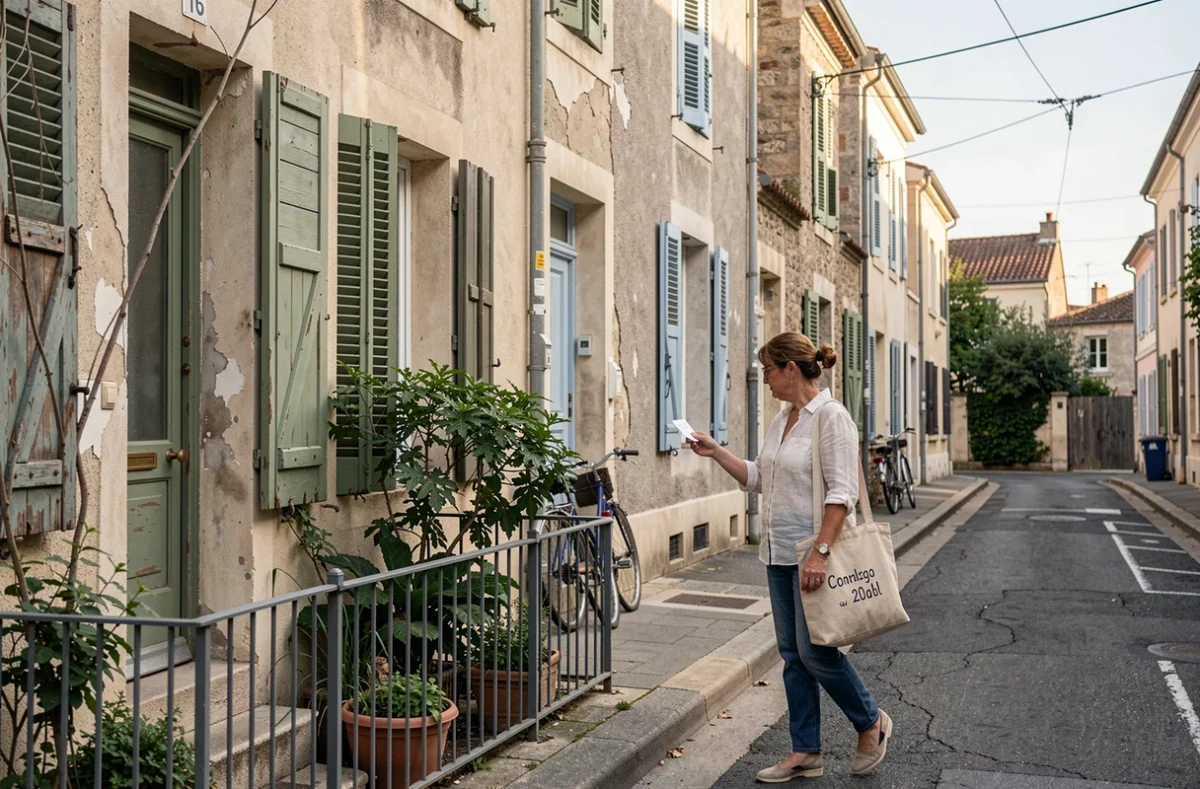 Rue résidentielle d'un faubourg de Montpellier avec maisons anciennes et femme marchant sur le trottoir