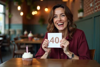 Femme de 40 ans riant avec une carte d'anniversaire humoristique dans un café chaleureux