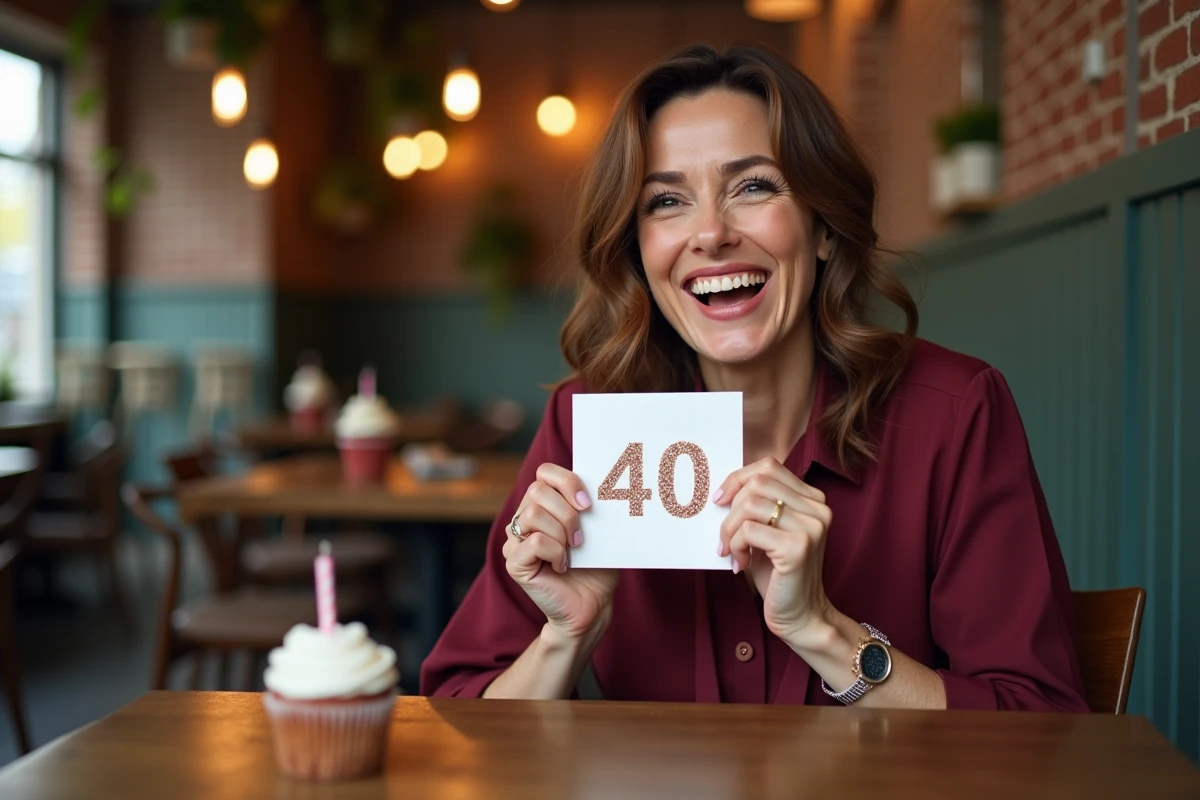 Femme de 40 ans riant avec une carte d'anniversaire humoristique dans un café chaleureux