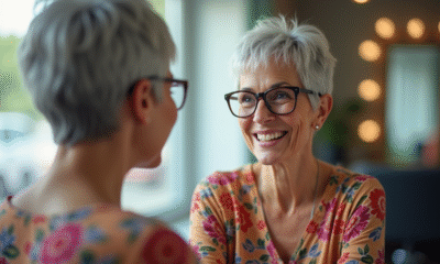 Femme de 70 ans avec coupe pixie argentée dans un salon de coiffure