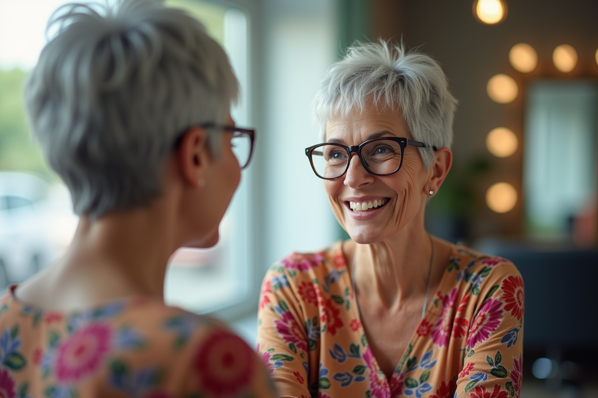 Femme de 70 ans avec coupe pixie argentée dans un salon de coiffure