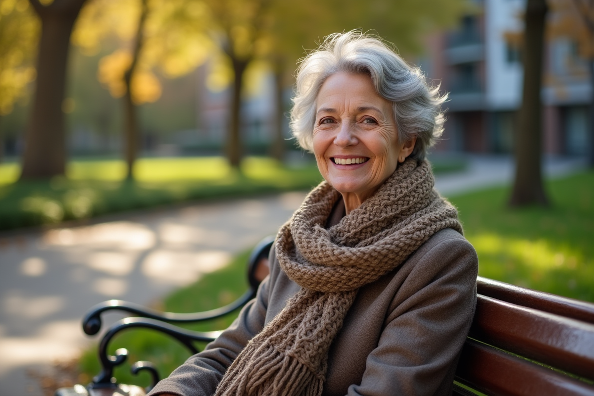 Femme de 70 ans assise sur un banc dans un parc ensoleille
