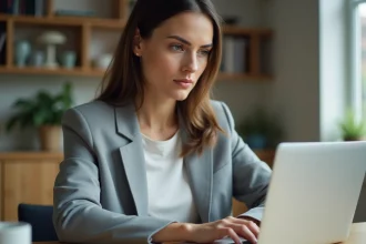 Femme concentrée lisant les conditions d'un abonnement gratuit sur son ordinateur portable dans un bureau à domicile