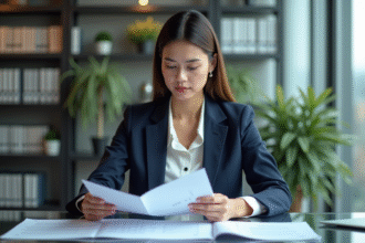 Jeune femme d'affaires en bureau moderne examinant des dossiers