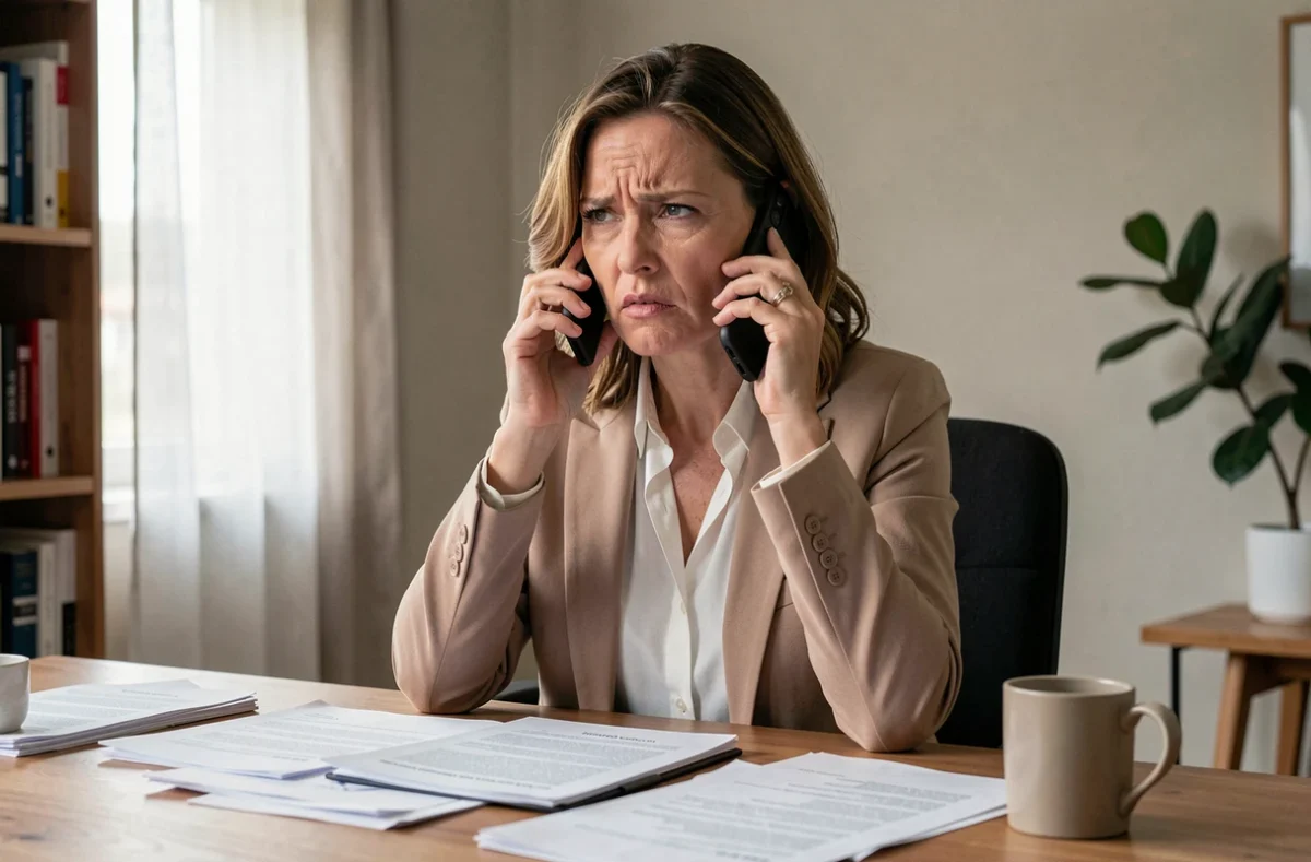 Femme agacée recevant un appel de démarchage téléphonique à son bureau à domicile
