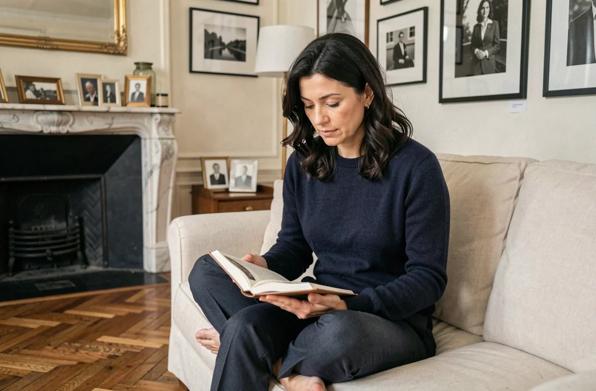 Femme pensive lisant dans un appartement parisien intimiste, évoquant l'influence de la sphère privée sur les convictions et prises de position publiques