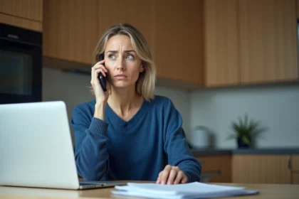 Femme inquiète au téléphone dans une cuisine moderne