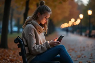 Jeune femme assise sur un banc en automne regardant son téléphone