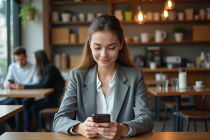 Jeune femme d'affaires utilisant une application bancaire au café