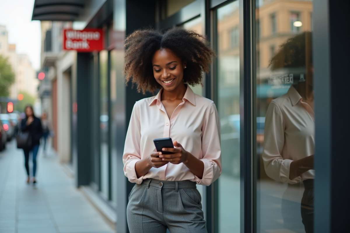 Jeune femme utilisant une application bancaire sur smartphone