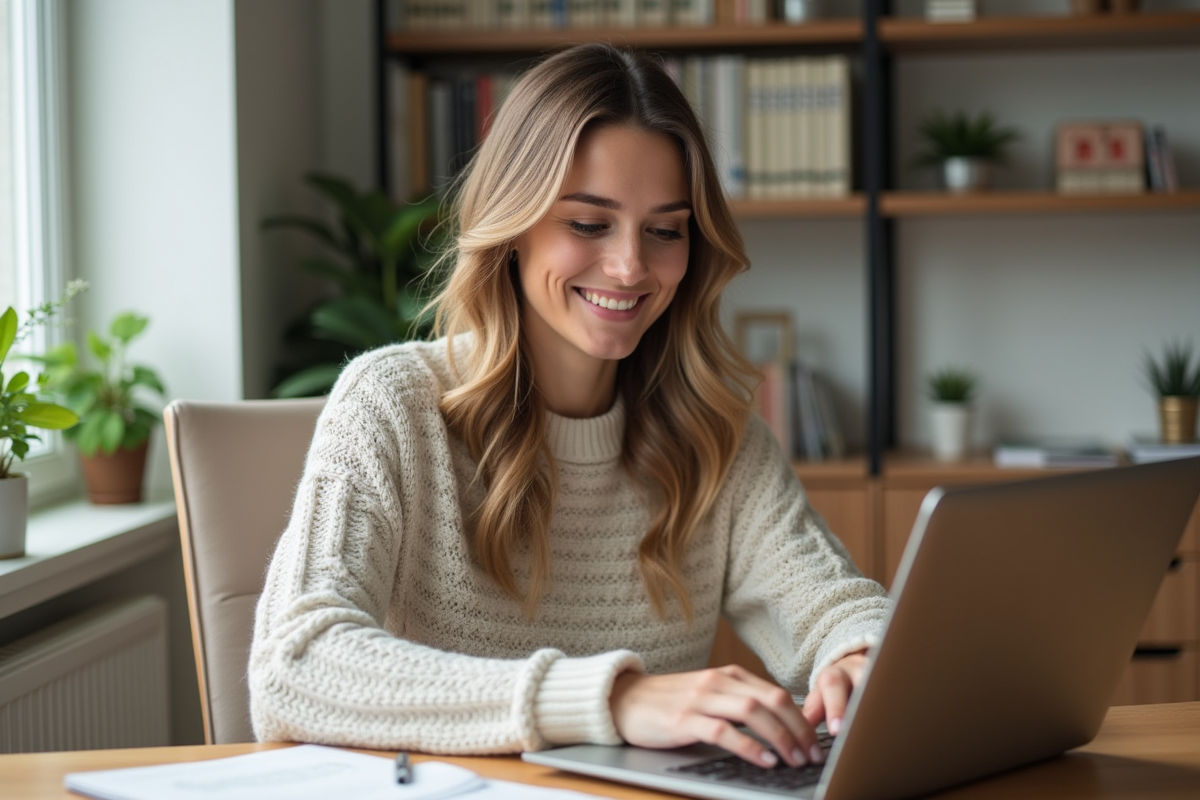 Femme en bureau cosy travaillant sur son ordinateur