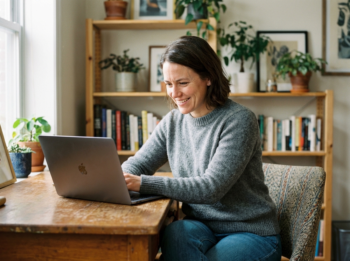 Femme concentrée dans son bureau à domicile en jeans