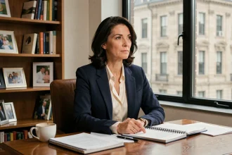 Femme élégante réfléchissant dans un bureau privé alliant vie personnelle et engagement public, illustration de l'influence de la vie privée sur les prises de position publiques