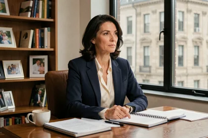 Femme élégante réfléchissant dans un bureau privé alliant vie personnelle et engagement public, illustration de l'influence de la vie privée sur les prises de position publiques