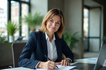 Femme cadre annotant une feuille de route RSE sur des documents imprimés devant un ordinateur portable affichant un blog RSE dans un bureau moderne