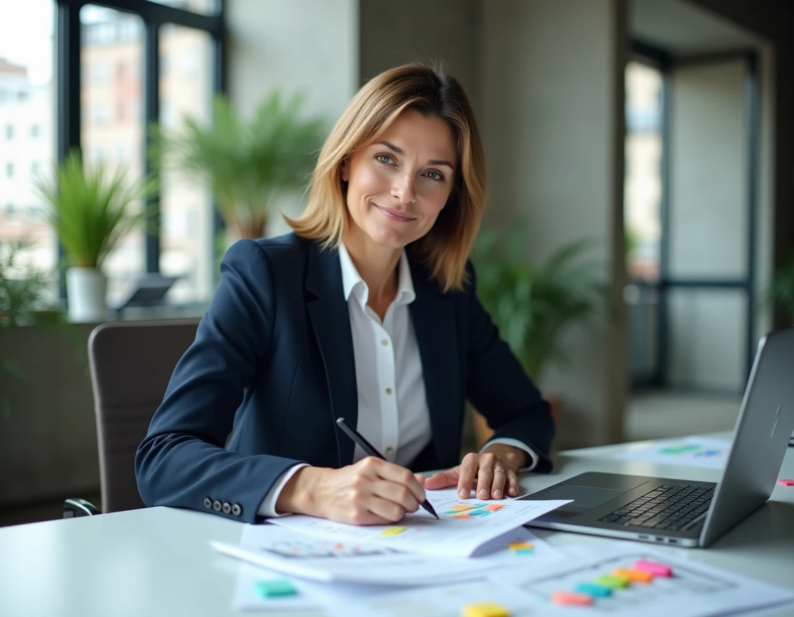 Femme cadre annotant une feuille de route RSE sur des documents imprimés devant un ordinateur portable affichant un blog RSE dans un bureau moderne