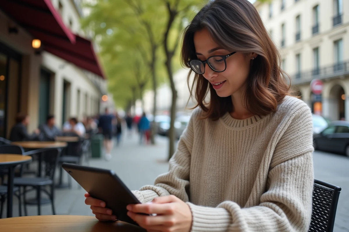 Femme relaxant en extérieur avec tablette et manga numérique
