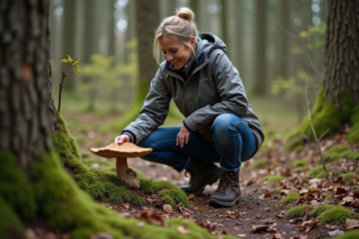 Femme identifiant un morel dans une forêt au printemps