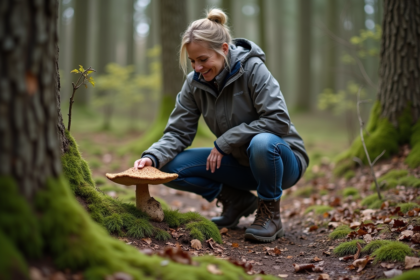 Femme identifiant un morel dans une forêt au printemps
