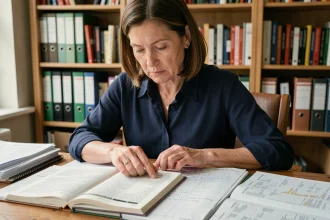 Femme consultant un annuaire téléphonique classique et des notes manuscrites à son bureau, comparaison entre annuaire inversé et annuaire traditionnel