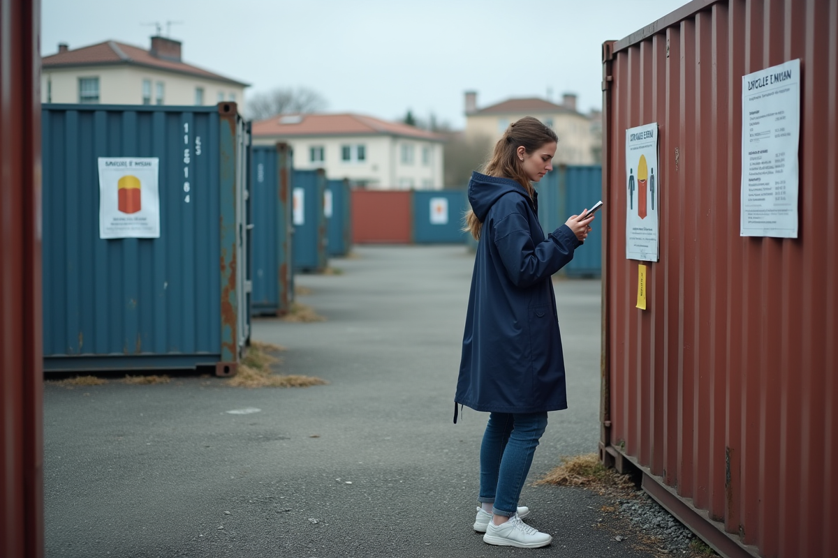 Jeune femme regardant une liste de prix devant un container extérieur
