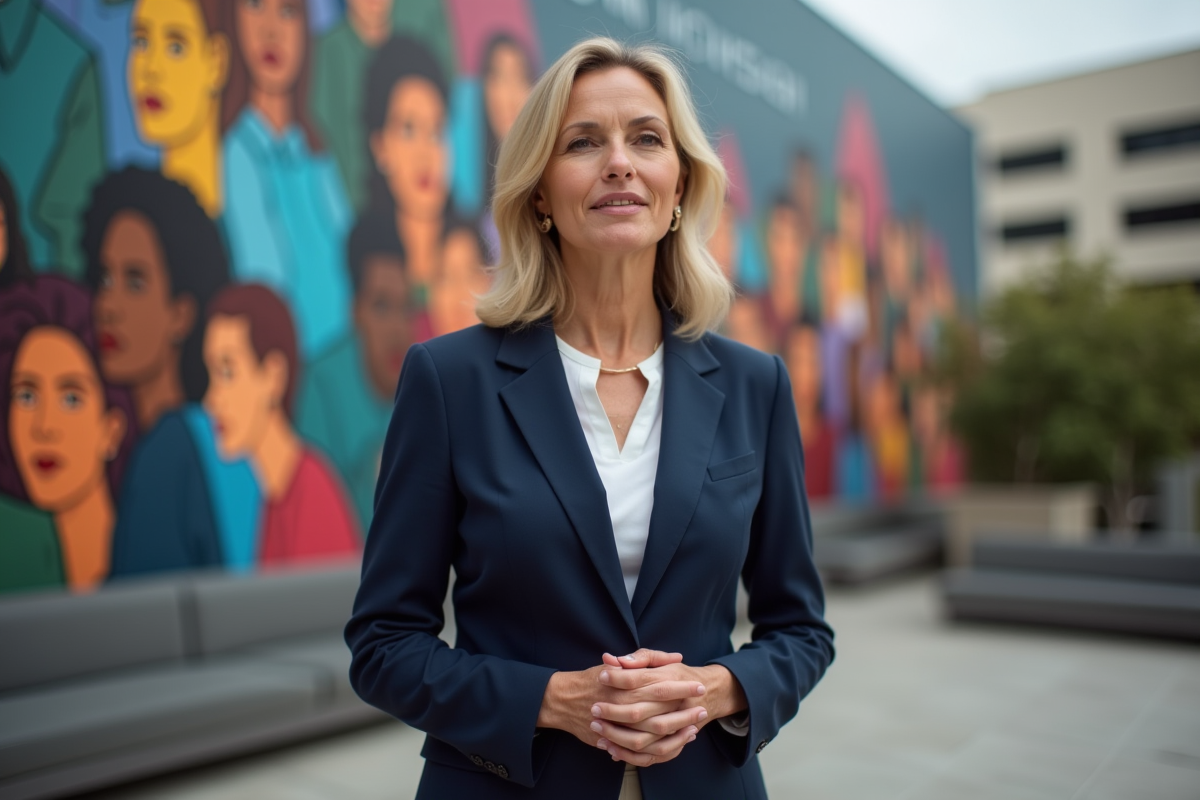Femme confiante devant un mur coloré en extérieur