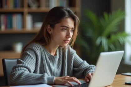 Femme utilisant un ordinateur portable et s'interrogeant sur la confidentialité de ses données en ligne