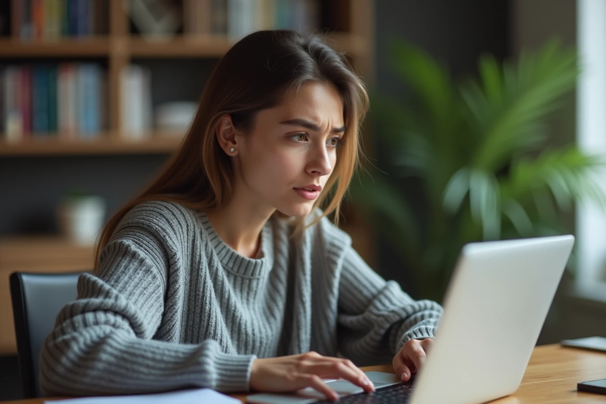 Femme utilisant un ordinateur portable et s'interrogeant sur la confidentialité de ses données en ligne