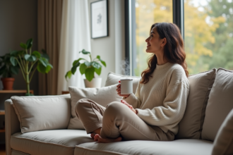 Femme détendue avec mug dans un salon moderne