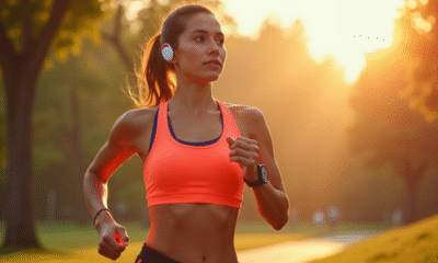 Femme sportive courant dans un parc urbain avec écouteurs Bluetooth