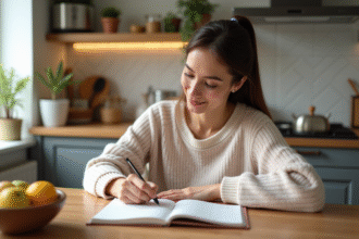 Femme écrivant dans un journal alimentaire dans une cuisine chaleureuse