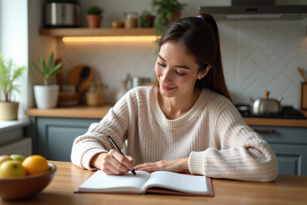 Femme écrivant dans un journal alimentaire dans une cuisine chaleureuse